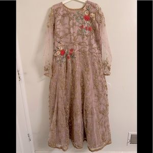 Tea pink Net Floor length Anarkali dress with gold and rhinestone work